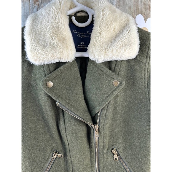 American Eagle‎ Womens Moto Jacket Sz Small Dark Moss Green Wool Blend Faux Fur - Picture 4 of 12